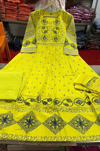 Beautiful jaipuri a yellow a-line kurta set
