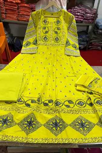 Beautiful jaipuri a yellow a-line kurta set