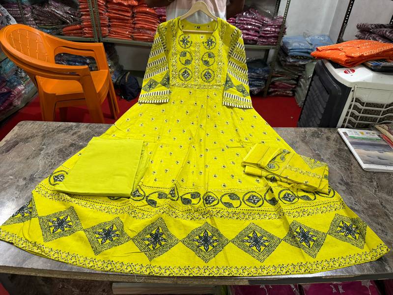 Beautiful jaipuri a yellow a-line kurta set