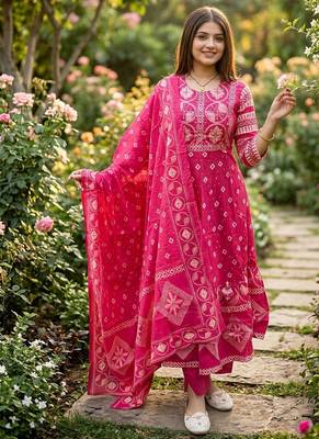 Beautiful jaipuri a pink a-line kurta set 1