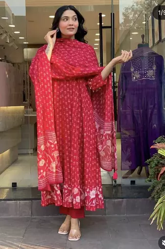 Beautiful jaipuri elegant red floral-printed cotton kurti anarkali suit set