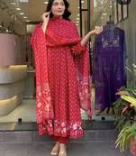 Beautiful jaipuri elegant red floral-printed cotton kurti anarkali suit set