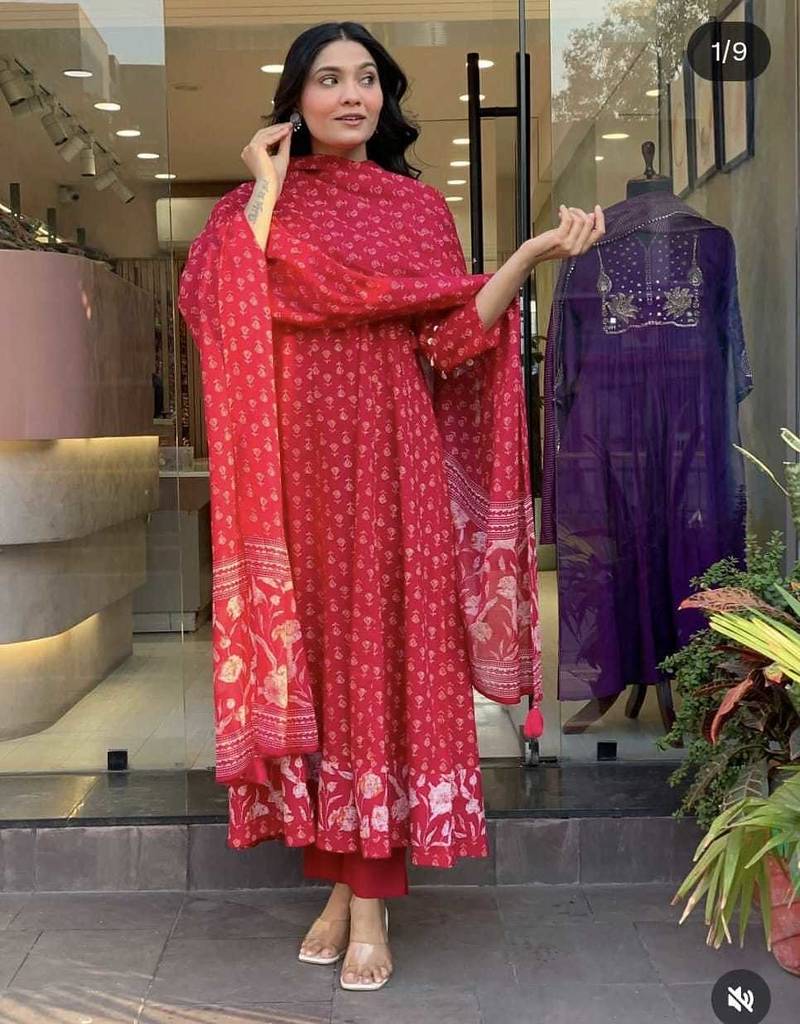 Beautiful jaipuri elegant red floral-printed cotton kurti anarkali suit set