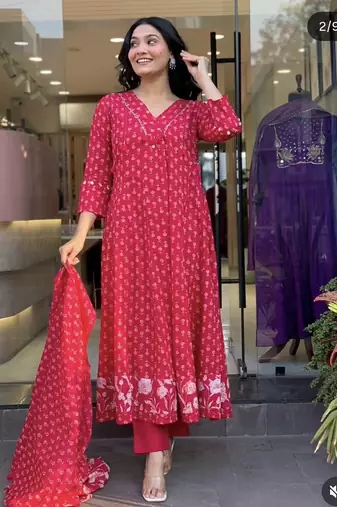 Beautiful jaipuri elegant red floral-printed cotton kurti anarkali suit set