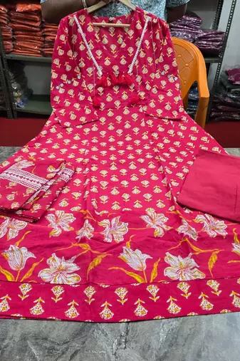 Beautiful jaipuri elegant red floral-printed cotton kurti anarkali suit set