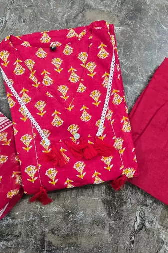 Beautiful jaipuri elegant red floral-printed cotton kurti anarkali suit set