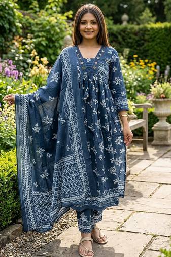 Beautiful jaipuri a blue a-line kurta set