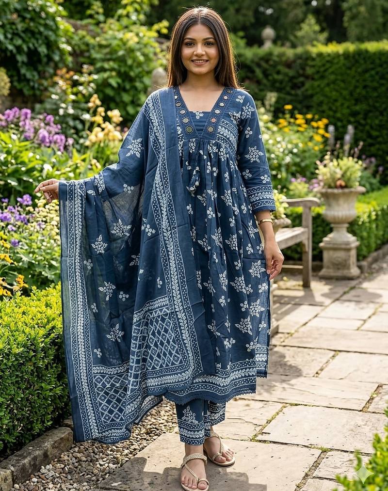 Beautiful jaipuri a blue a-line kurta set