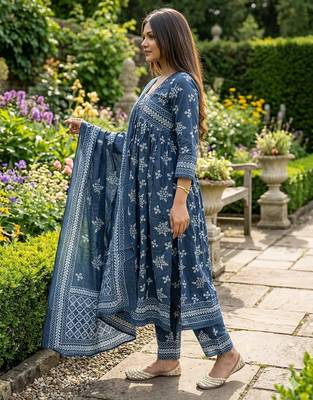 Beautiful jaipuri a blue a-line kurta set 2