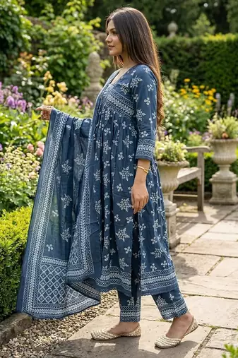 Beautiful jaipuri a blue a-line kurta set
