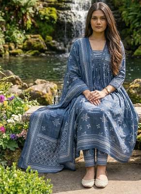 Beautiful jaipuri a blue a-line kurta set 3