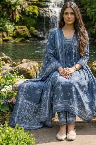 Beautiful jaipuri a blue a-line kurta set