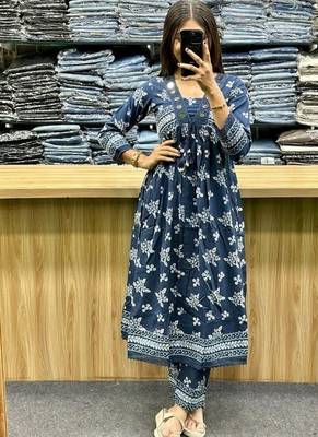 Beautiful jaipuri a blue a-line kurta set 4