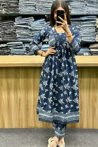 Beautiful jaipuri a blue a-line kurta set