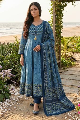 Beautiful jaipuri a teal green colored a-line  anarkali kurta set