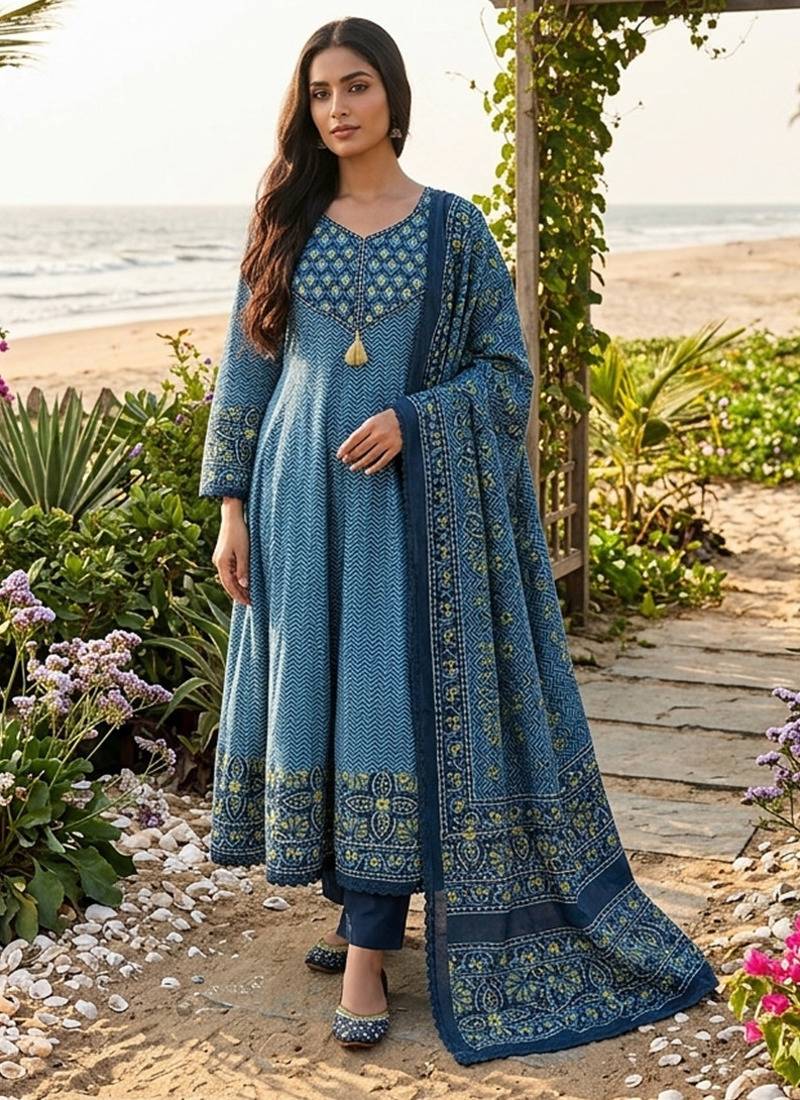 Beautiful jaipuri a teal green colored a-line  anarkali kurta set