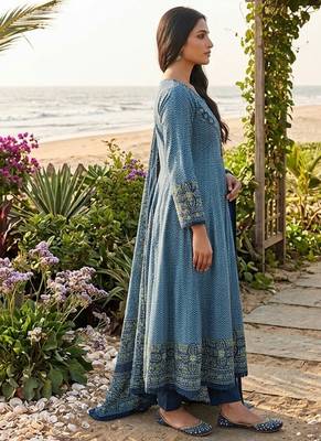 Beautiful jaipuri a teal green colored a-line  anarkali kurta set 2