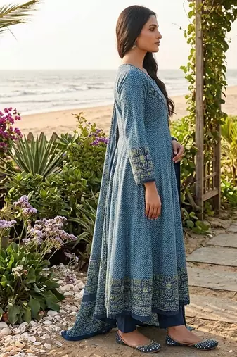 Beautiful jaipuri a teal green colored a-line  anarkali kurta set
