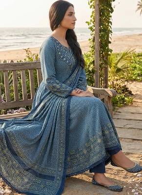 Beautiful jaipuri a teal green colored a-line  anarkali kurta set 3