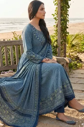 Beautiful jaipuri a teal green colored a-line  anarkali kurta set