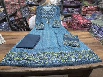 Beautiful jaipuri a teal green colored a-line  anarkali kurta set 4