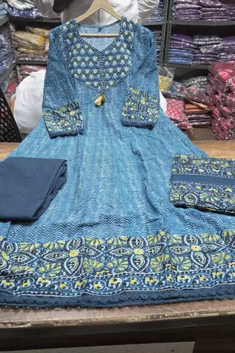 Beautiful jaipuri a teal green colored a-line  anarkali kurta set