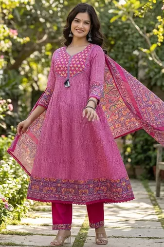 Beautiful jaipuri a pink colored a-line anarkali kurta set