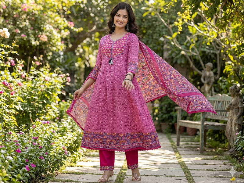 Beautiful jaipuri a pink colored a-line anarkali kurta set