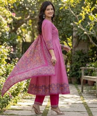 Beautiful jaipuri a pink colored a-line anarkali kurta set 2