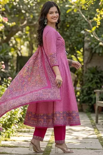 Beautiful jaipuri a pink colored a-line anarkali kurta set