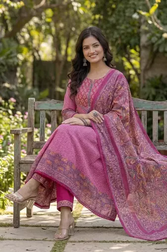 Beautiful jaipuri a pink colored a-line anarkali kurta set