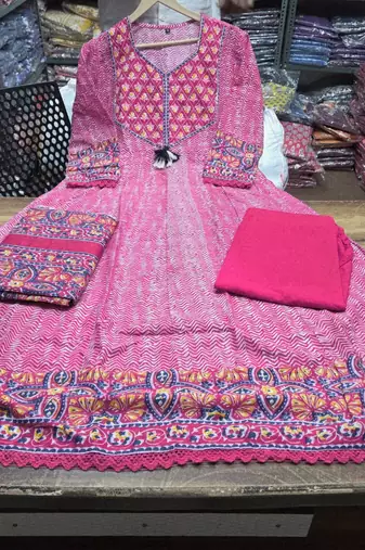 Beautiful jaipuri a pink colored a-line anarkali kurta set