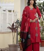 Beautiful jaipuri a red cotton straight kurta set adorned with traditional patch work and hand katha work.