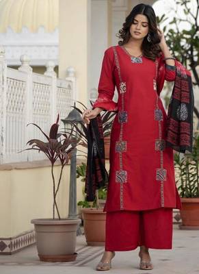 Beautiful jaipuri a red cotton straight kurta set adorned with traditional patch work and hand katha work. 2