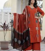 Beautiful jaipuri a mustard cotton straight kurta set adorned with traditional patch work and hand katha work.