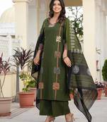 Beautiful jaipuri a dark green cotton straight kurta set adorned with traditional patch work and hand katha work.