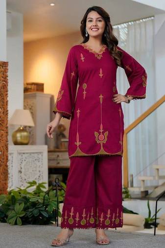 Beautiful jaipuri a wine-colored embroidered kurta set with a matching dupatta