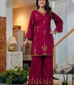 Beautiful jaipuri a wine-colored embroidered kurta set with a matching dupatta