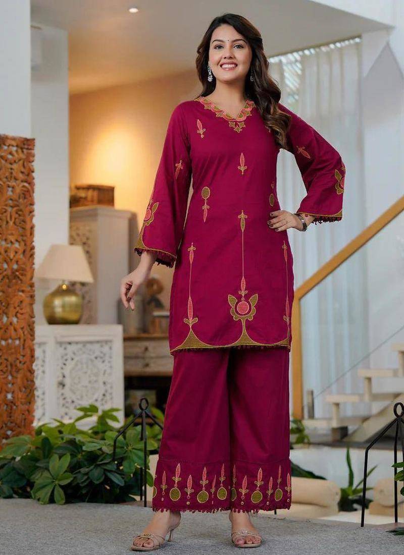 Beautiful jaipuri a wine-colored embroidered kurta set with a matching dupatta