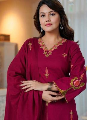 Beautiful jaipuri a wine-colored embroidered kurta set with a matching dupatta 2