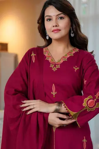 Beautiful jaipuri a wine-colored embroidered kurta set with a matching dupatta
