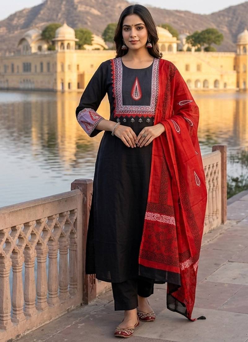Beautiful jaipuri a three-piece ethnic classic black and maroon color a kurta set with dupatta