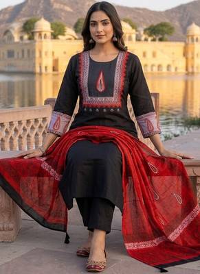 Beautiful jaipuri a three-piece ethnic classic black and maroon color a kurta set with dupatta 2