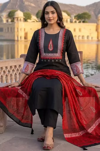 Beautiful jaipuri a three-piece ethnic classic black and maroon color a kurta set with dupatta