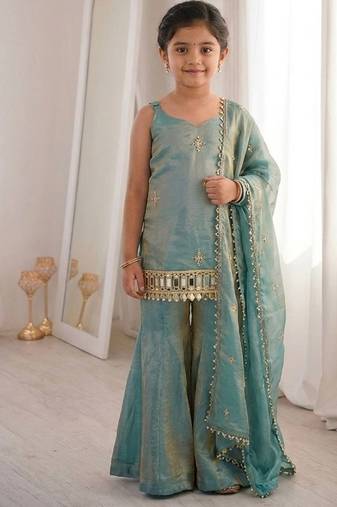 Seagreen embroidered fendy silk kids sharara set