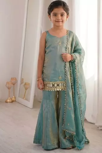 Seagreen embroidered fendy silk kids sharara set