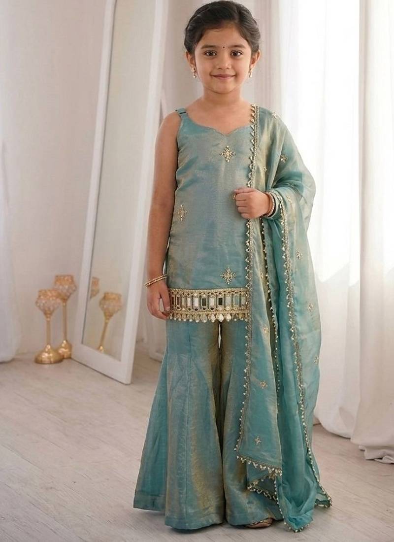 Seagreen embroidered fendy silk kids sharara set