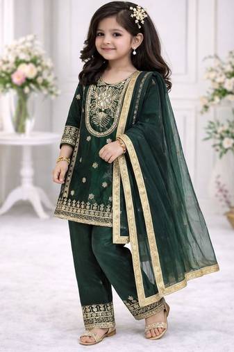 Green embroidered sequence work fendy silk kids kurta set