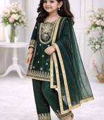 Green embroidered sequence work fendy silk kids kurta set