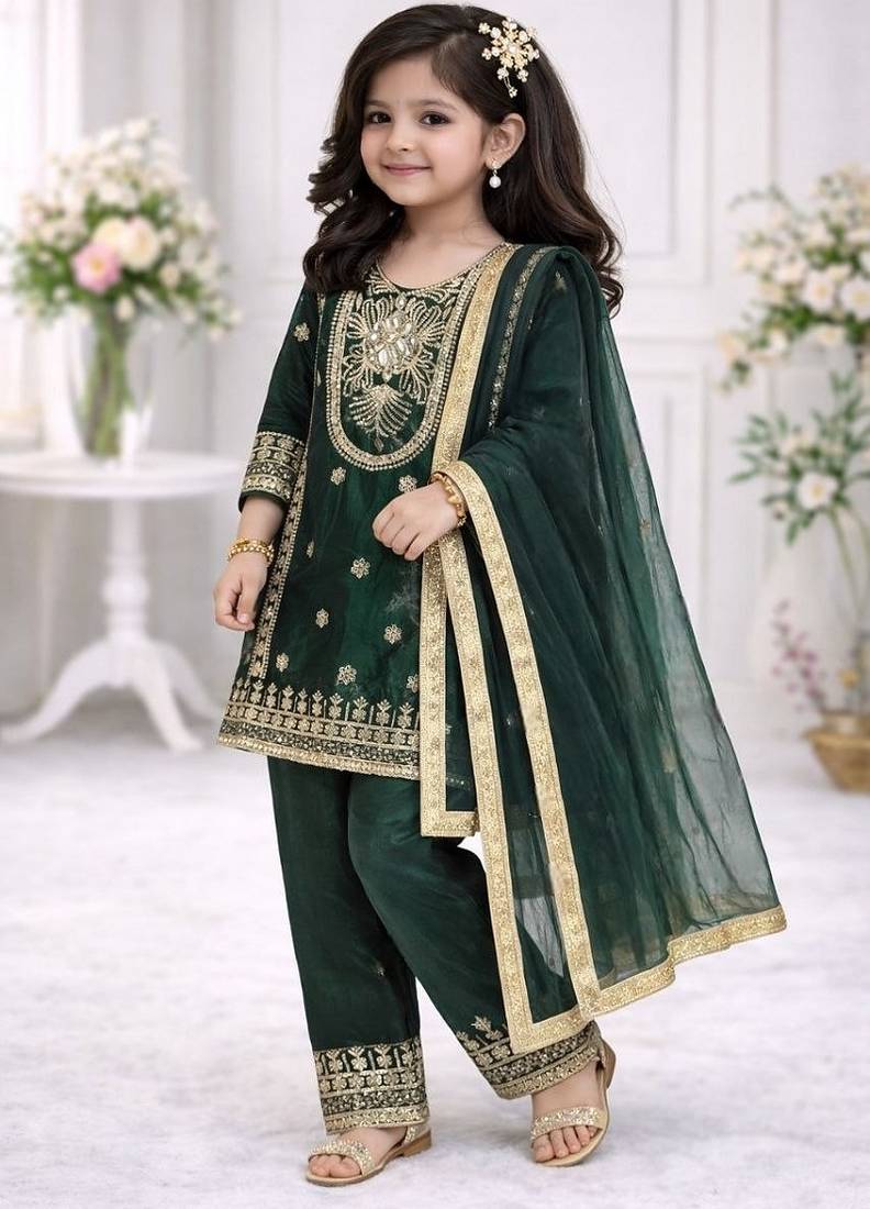 Green embroidered sequence work fendy silk kids kurta set